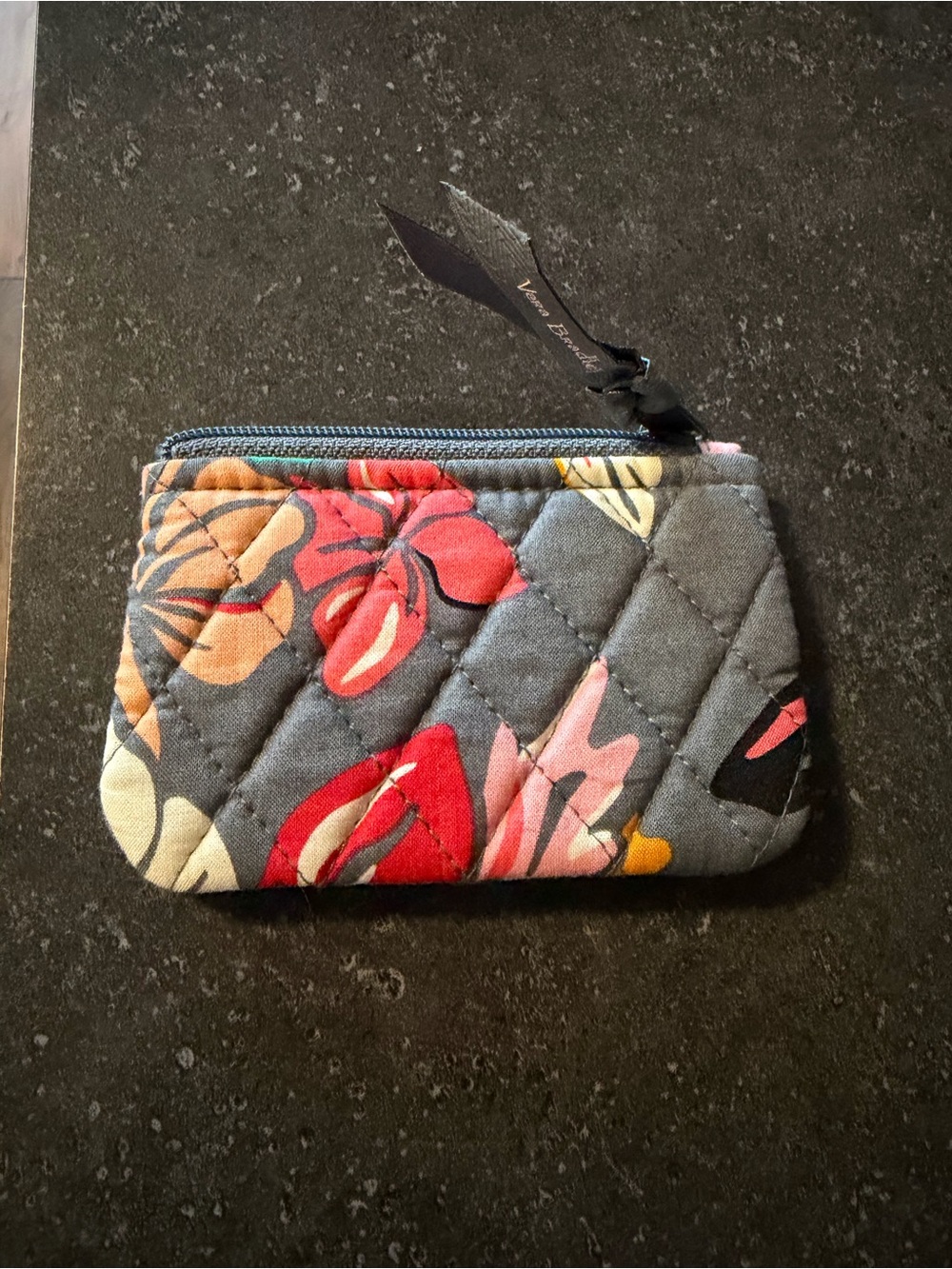 Vera Bradley Gray Quilted Floral Zip Card Pouch with Red & Pink Accents